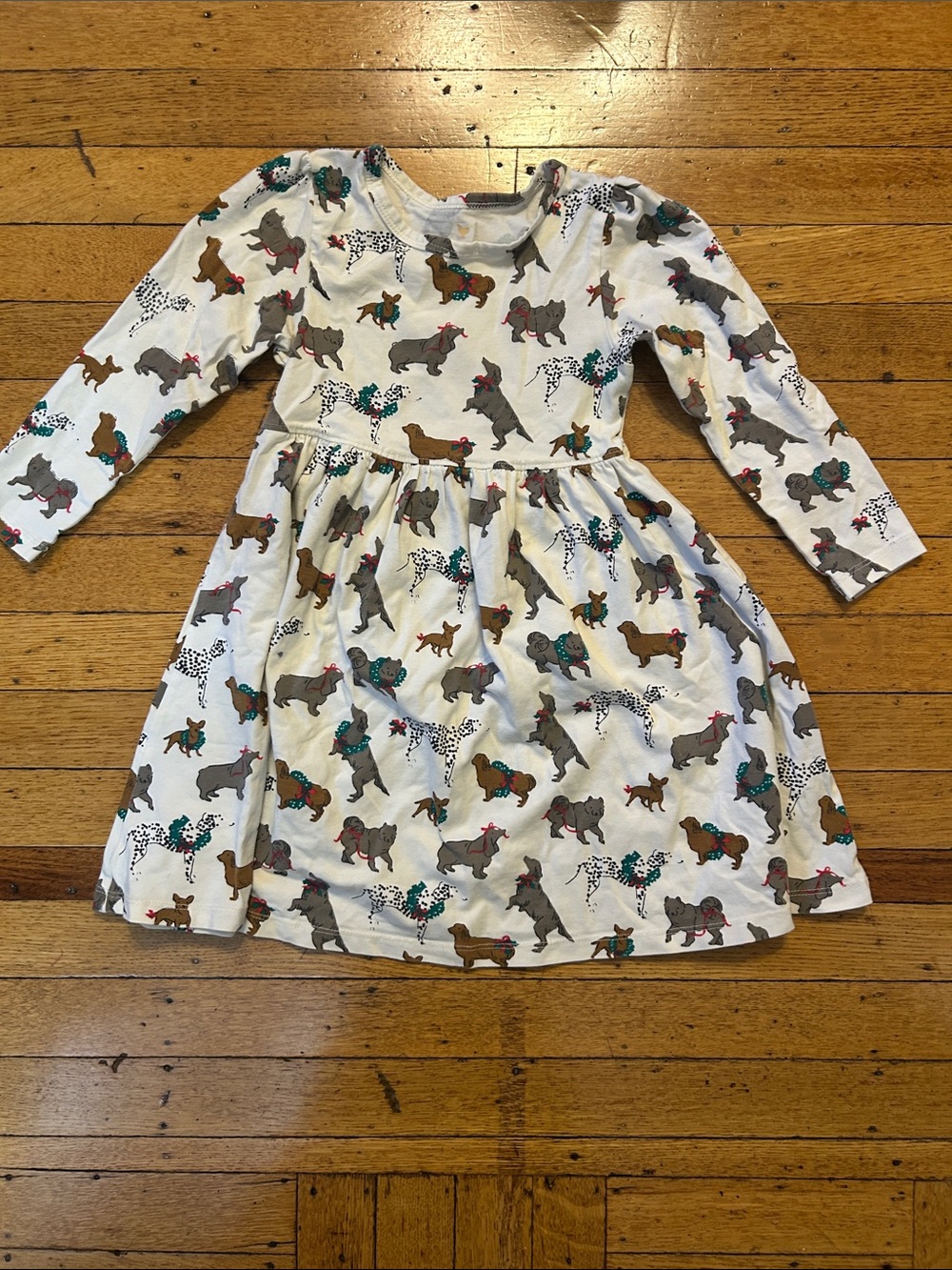 Pink Chicken Long-Sleeve Dog Print holiday/Christmas Dress, 3Y